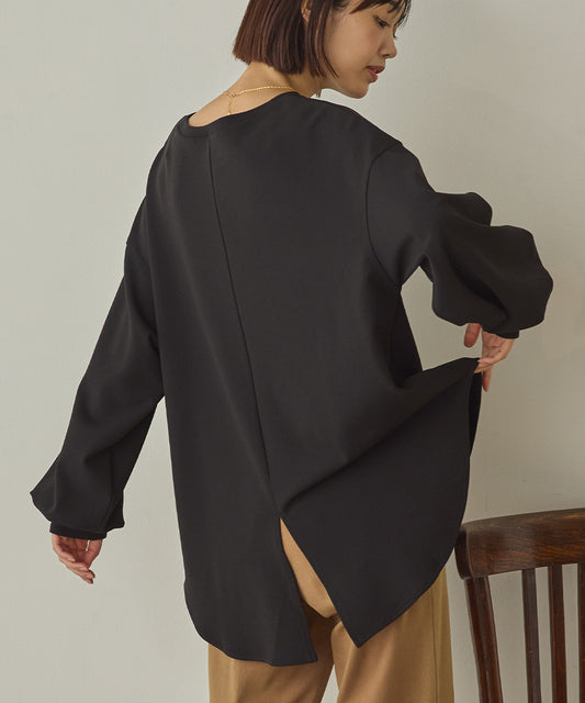 ストレッチカットジョーゼットバッグスリット裾ラウンドプルオーバー[1325-6149]