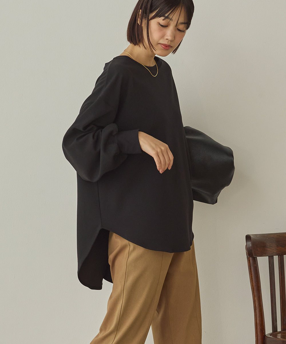 ストレッチカットジョーゼットバッグスリット裾ラウンドプルオーバー[1325-6149]