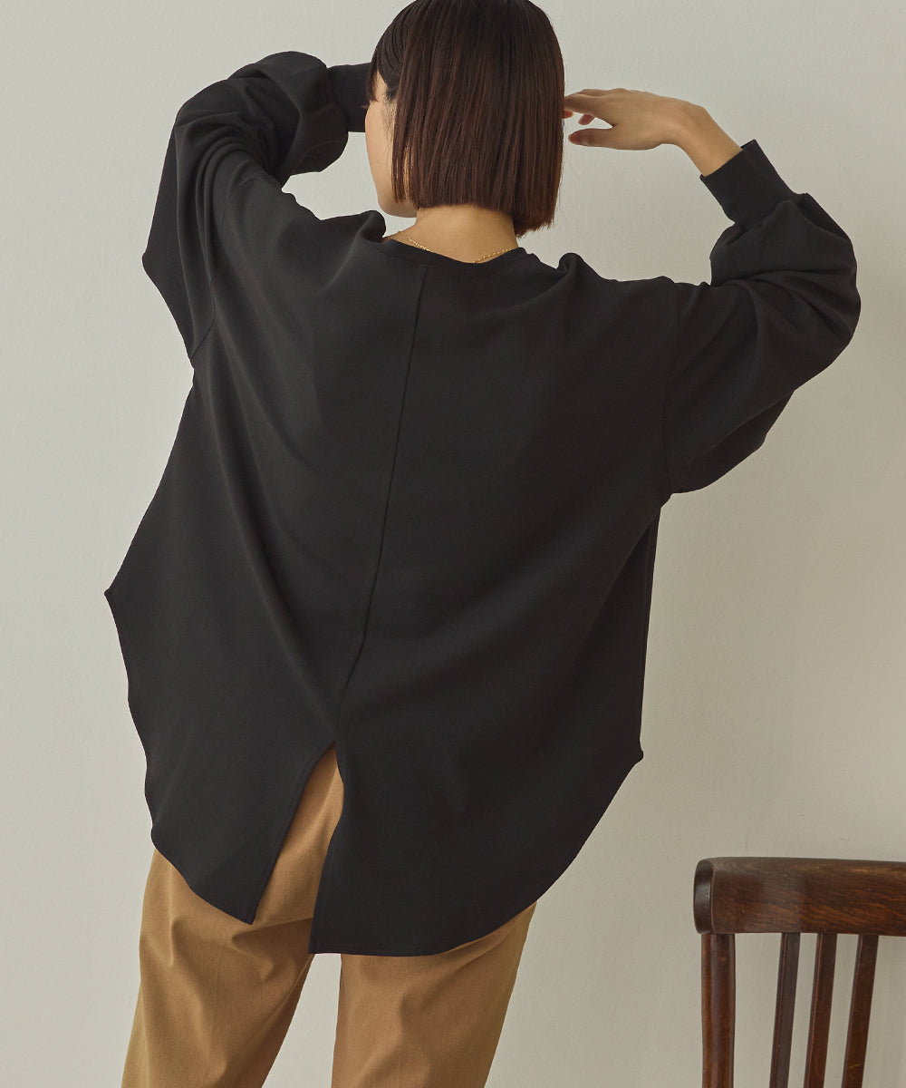 ストレッチカットジョーゼットバッグスリット裾ラウンドプルオーバー[1325-6149]