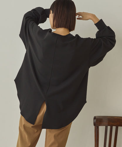 ストレッチカットジョーゼットバッグスリット裾ラウンドプルオーバー[1325-6149]