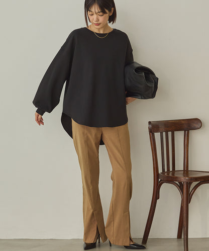 ストレッチカットジョーゼットバッグスリット裾ラウンドプルオーバー[1325-6149]