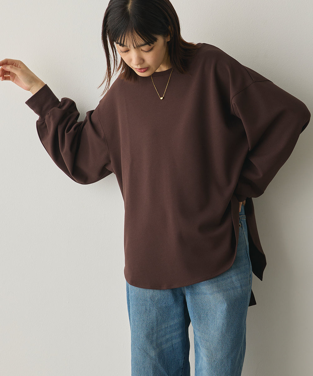 ストレッチカットジョーゼットバッグスリット裾ラウンドプルオーバー[1325-6149]