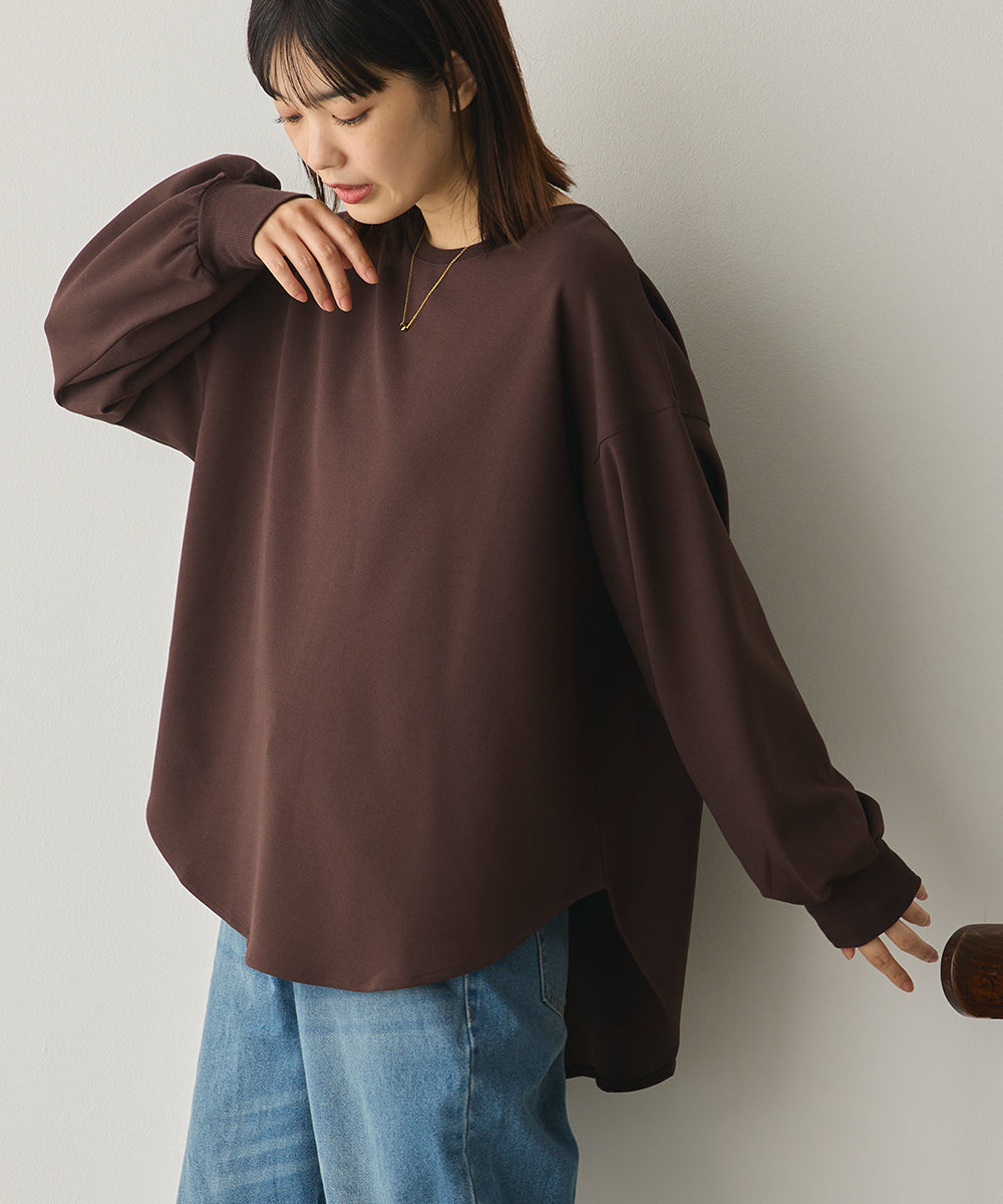 ストレッチカットジョーゼットバッグスリット裾ラウンドプルオーバー[1325-6149]