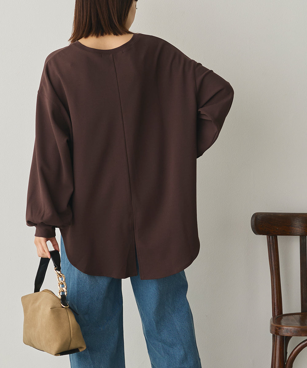 ストレッチカットジョーゼットバッグスリット裾ラウンドプルオーバー[1325-6149]