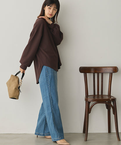 ストレッチカットジョーゼットバッグスリット裾ラウンドプルオーバー[1325-6149]