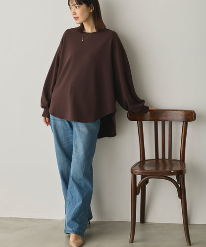 ストレッチカットジョーゼットバッグスリット裾ラウンドプルオーバー[1325-6149]