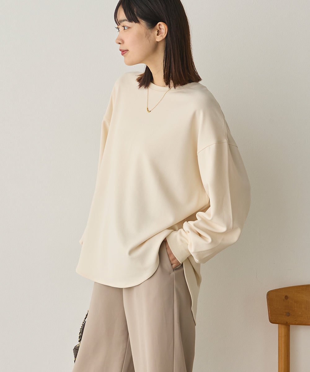 ストレッチカットジョーゼットバッグスリット裾ラウンドプルオーバー[1325-6149]