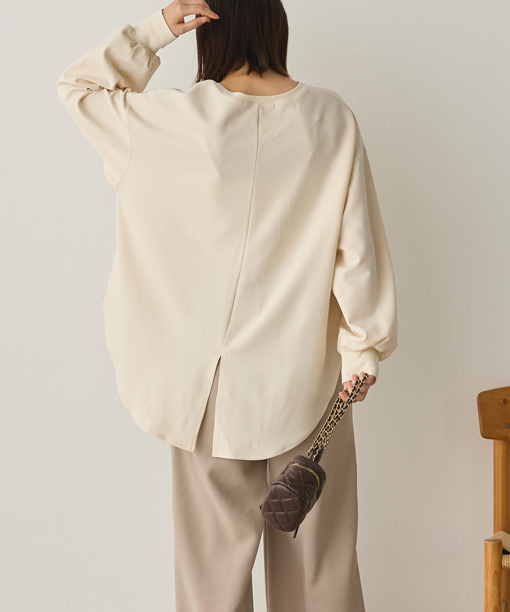 ストレッチカットジョーゼットバッグスリット裾ラウンドプルオーバー[1325-6149]