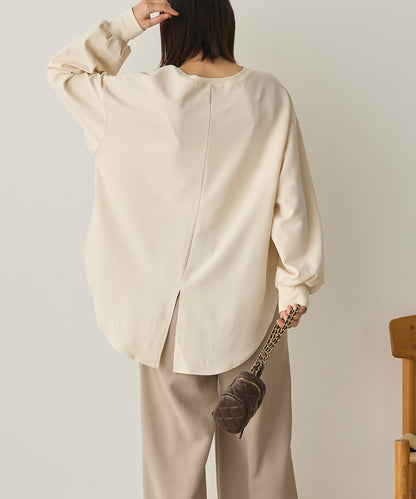 ストレッチカットジョーゼットバッグスリット裾ラウンドプルオーバー[1325-6149]