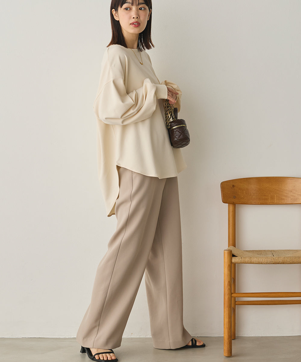 ストレッチカットジョーゼットバッグスリット裾ラウンドプルオーバー[1325-6149]