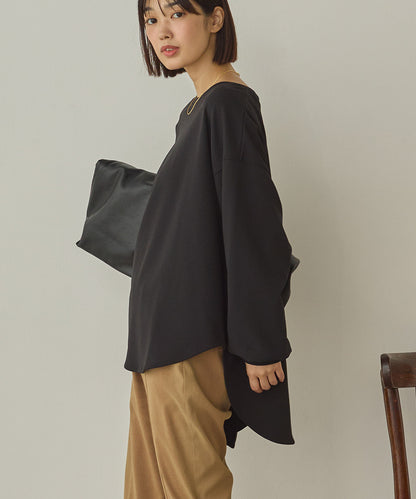 ストレッチカットジョーゼットバッグスリット裾ラウンドプルオーバー[1325-6149]