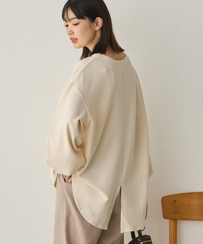 ストレッチカットジョーゼットバッグスリット裾ラウンドプルオーバー[1325-6149]