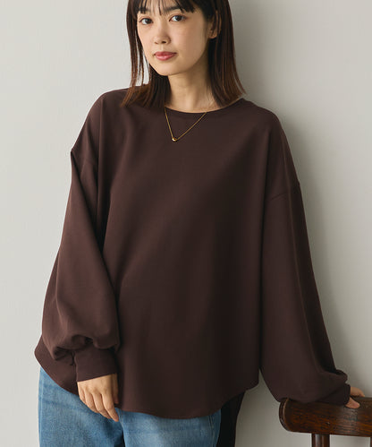 ストレッチカットジョーゼットバッグスリット裾ラウンドプルオーバー[1325-6149]