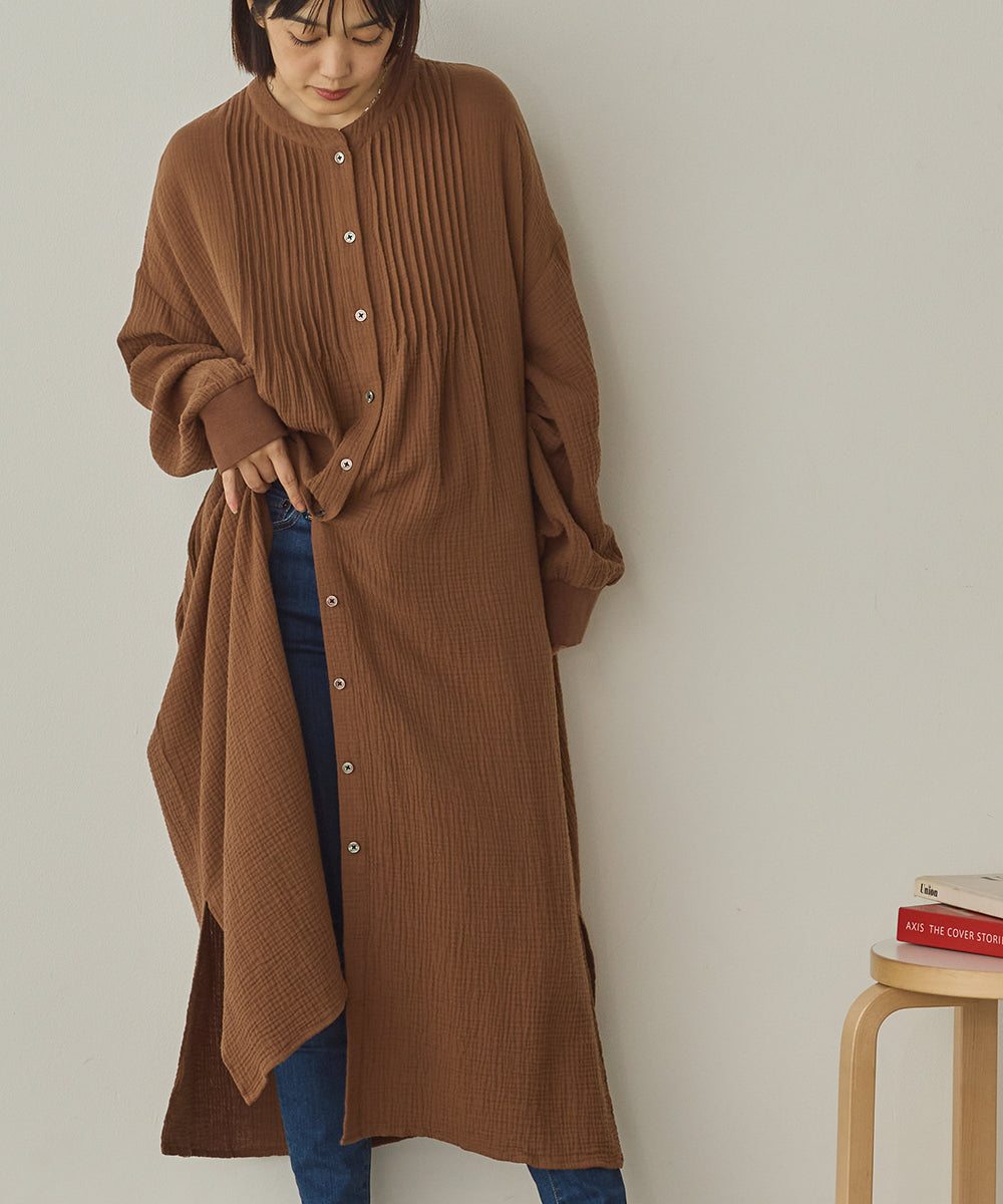 ダブルガーゼ製品洗いピンタックシャツワンピース[1325-7106]