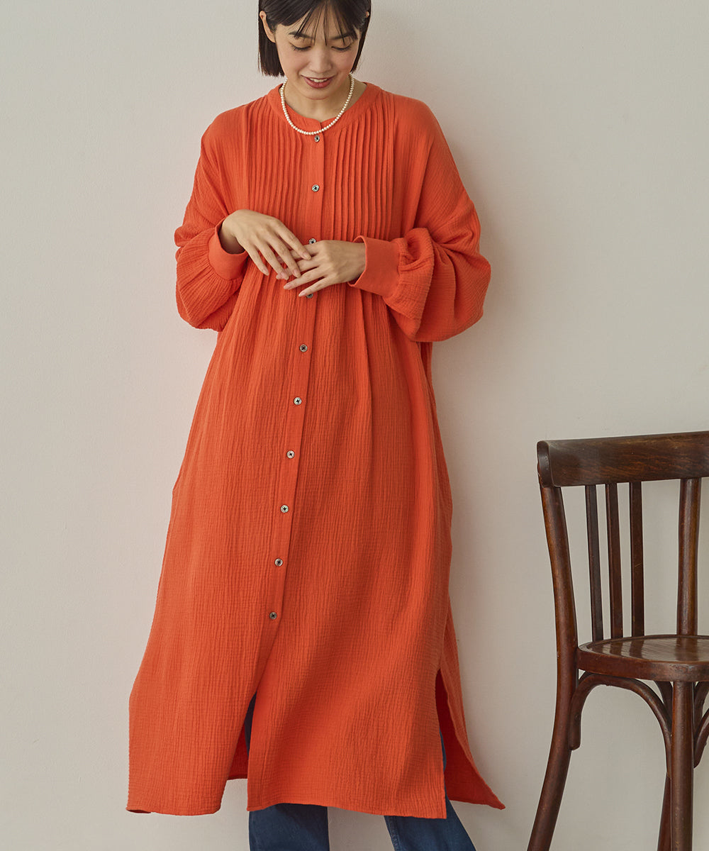 ダブルガーゼ製品洗いピンタックシャツワンピース[1325-7106]