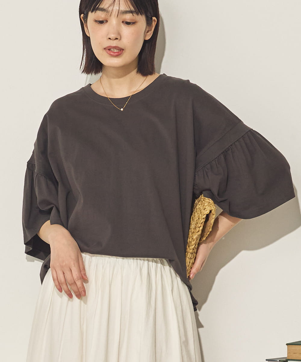 製品洗い袖ギャザープルオーバーTシャツ[21090-6126]