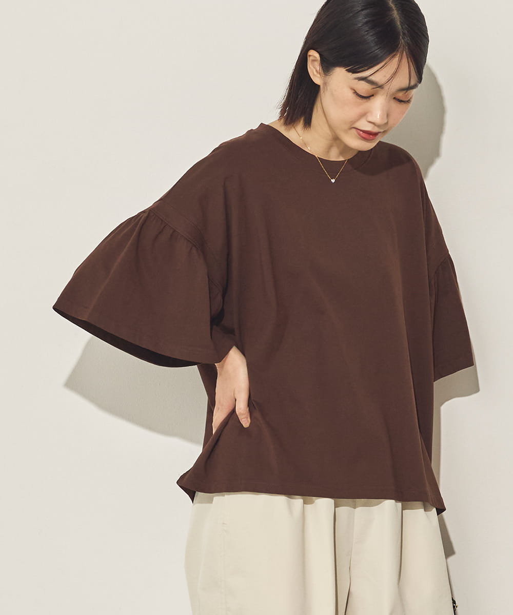 製品洗い袖ギャザープルオーバーTシャツ[21090-6126]