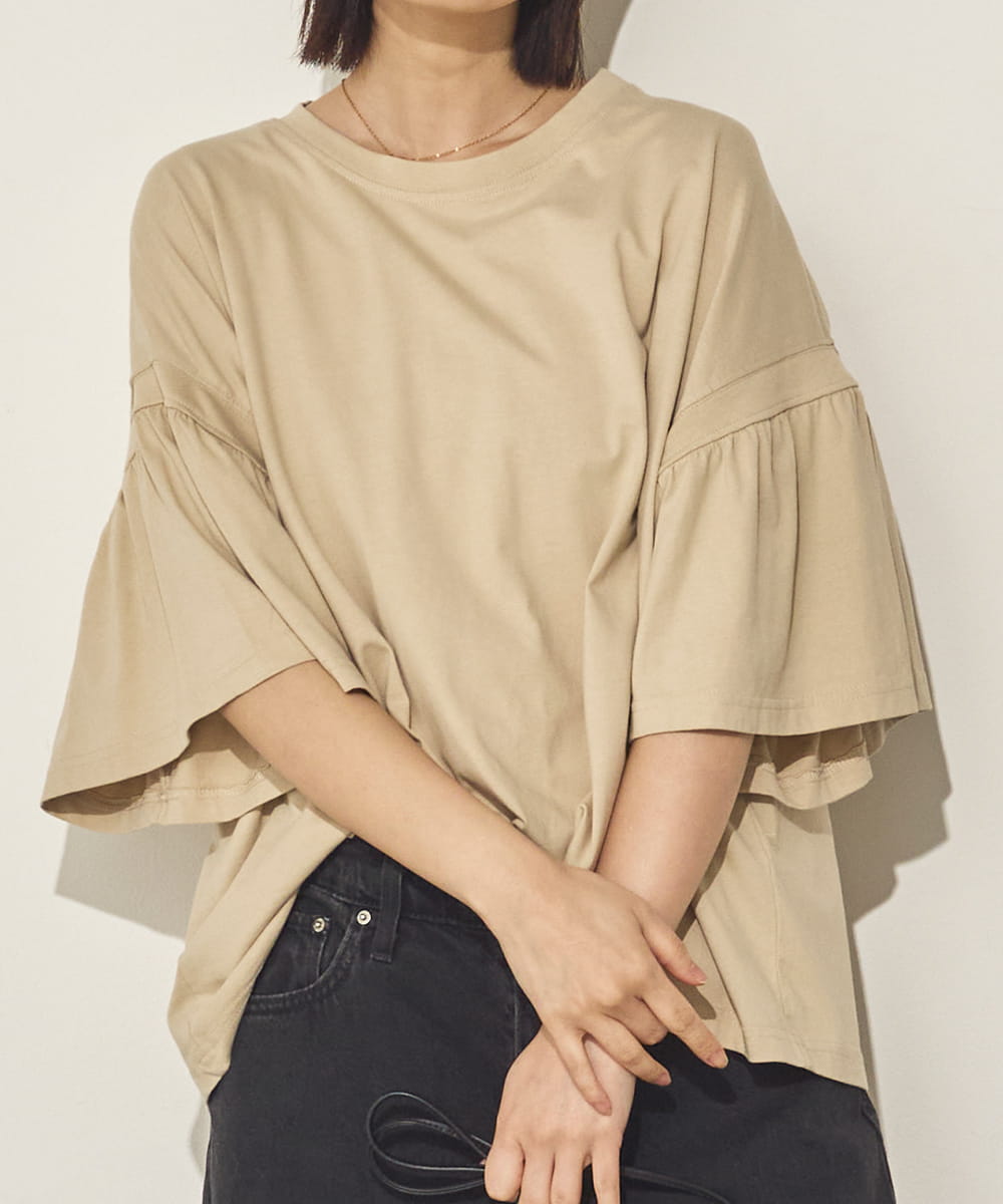 製品洗い袖ギャザープルオーバーTシャツ[21090-6126]