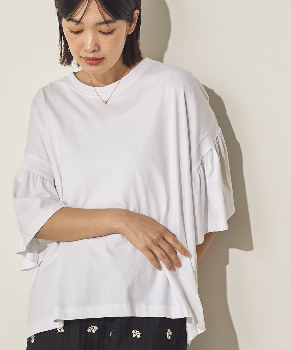 製品洗い袖ギャザープルオーバーTシャツ[21090-6126]