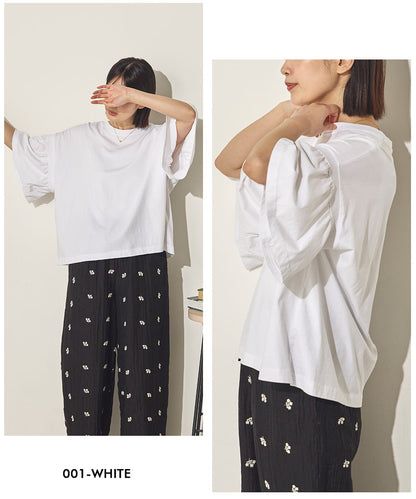 製品洗い袖ギャザープルオーバーTシャツ[21090-6126]