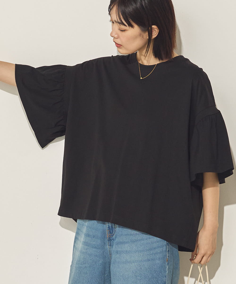 製品洗い袖ギャザープルオーバーTシャツ[21090-6126]