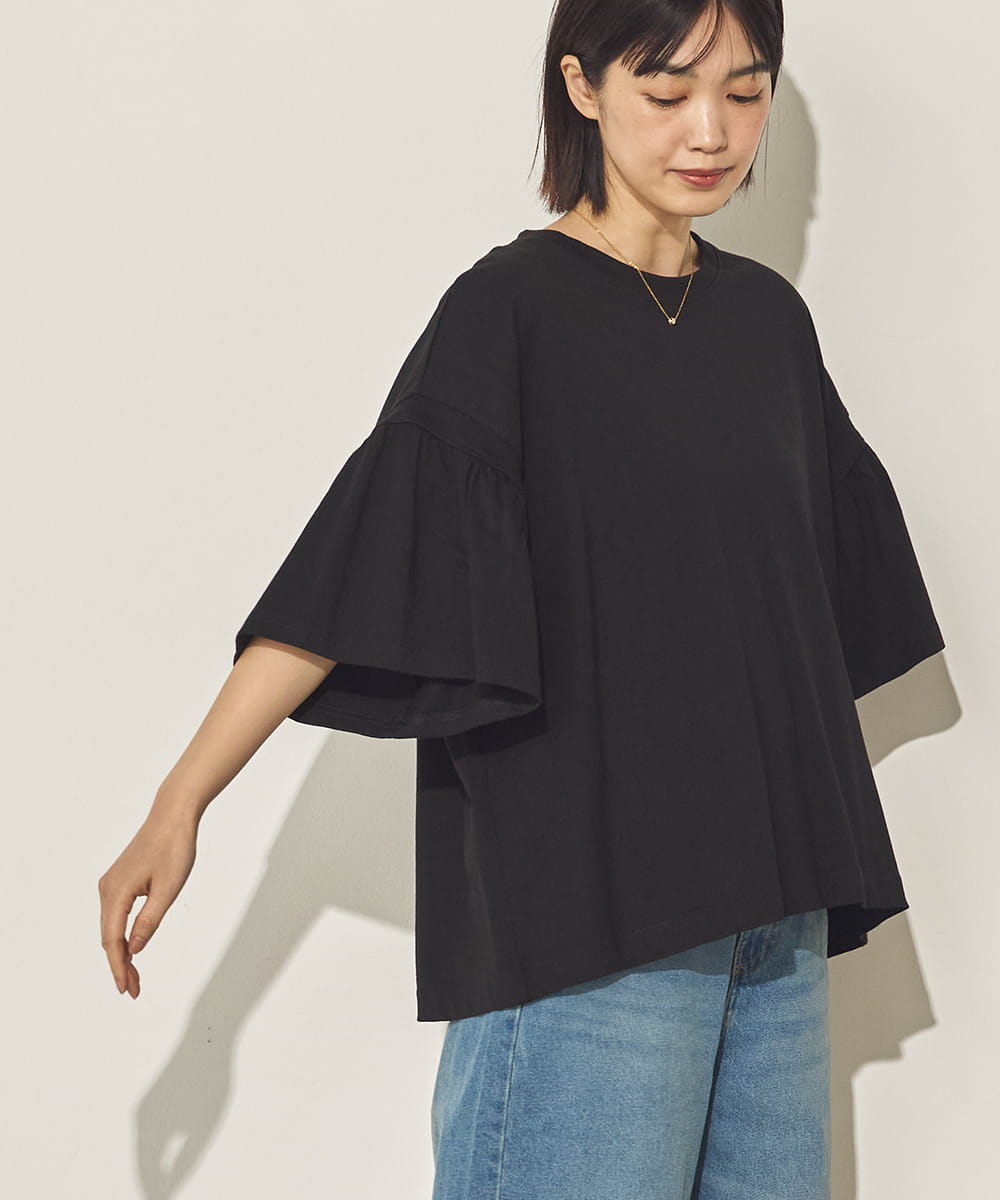 製品洗い袖ギャザープルオーバーTシャツ[21090-6126]