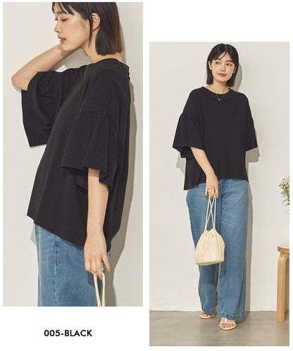 製品洗い袖ギャザープルオーバーTシャツ[21090-6126]