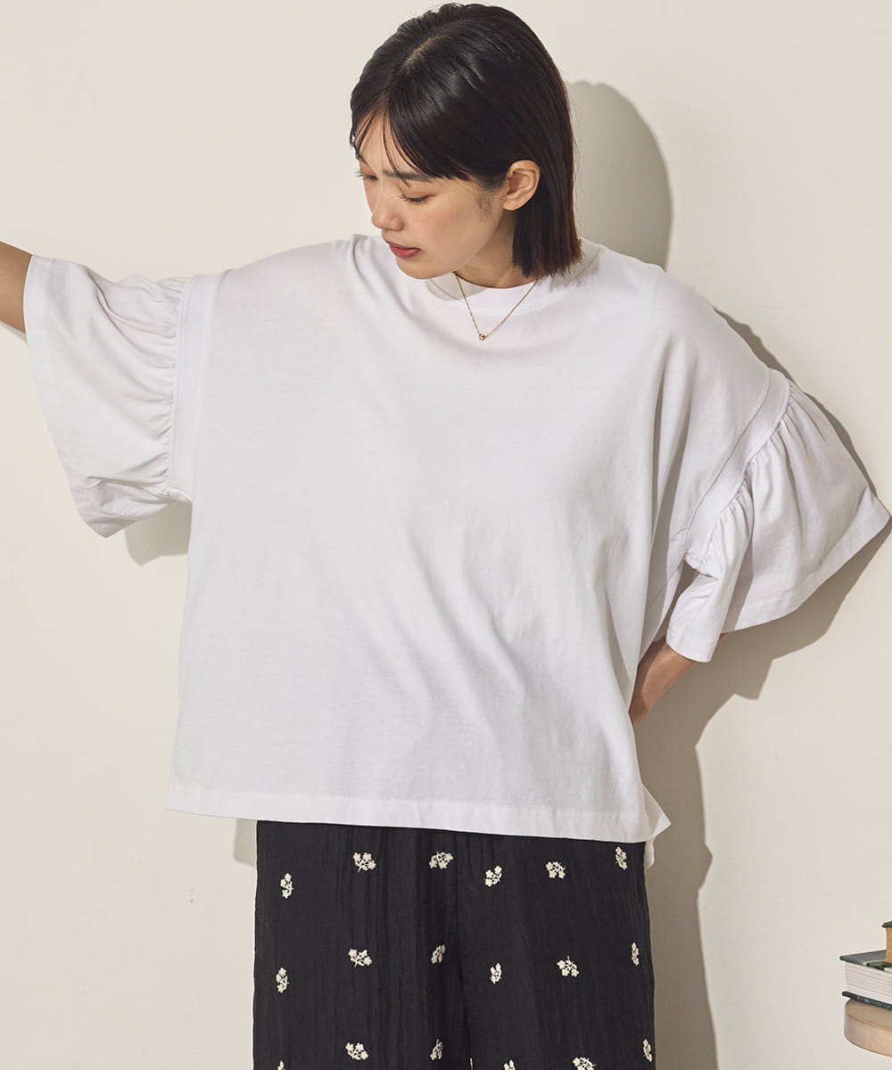 製品洗い袖ギャザープルオーバーTシャツ[21090-6126]