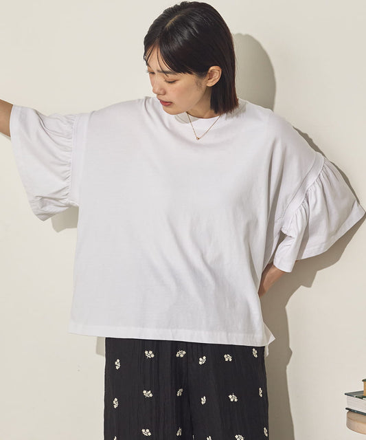 製品洗い袖ギャザープルオーバーTシャツ[21090-6126]