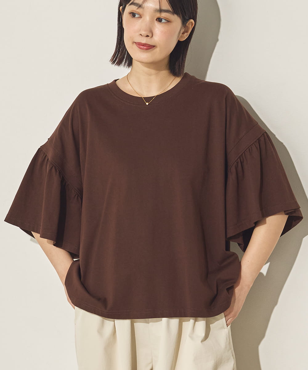 製品洗い袖ギャザープルオーバーTシャツ[21090-6126]