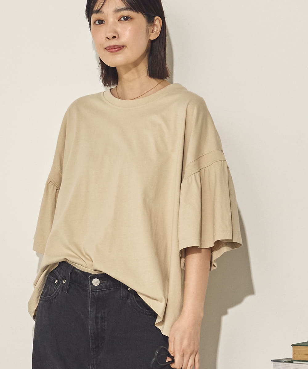 製品洗い袖ギャザープルオーバーTシャツ[21090-6126]