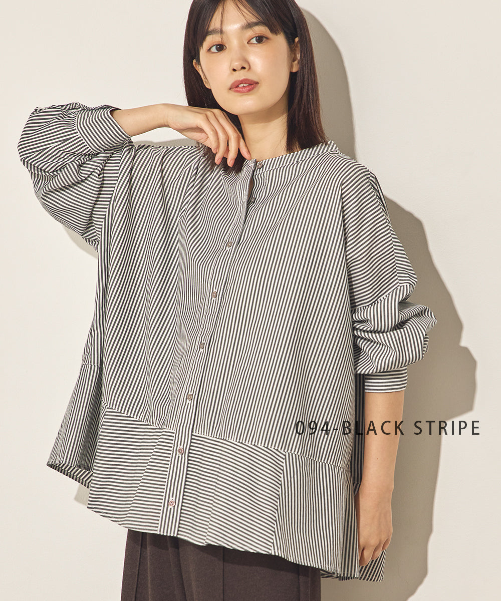 製品洗いブロード裾フレアヘム長袖シャツ[31200-4136]