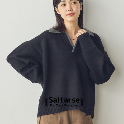【Saltarse】配色ポロ襟スキッパーニットトップス[DB-26209]