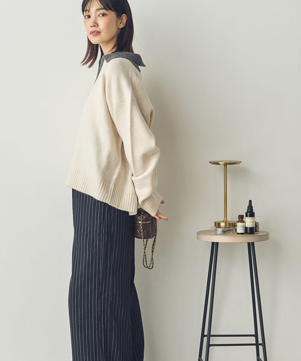 【Saltarse】配色ポロ襟スキッパーニットトップス[DB-26209]