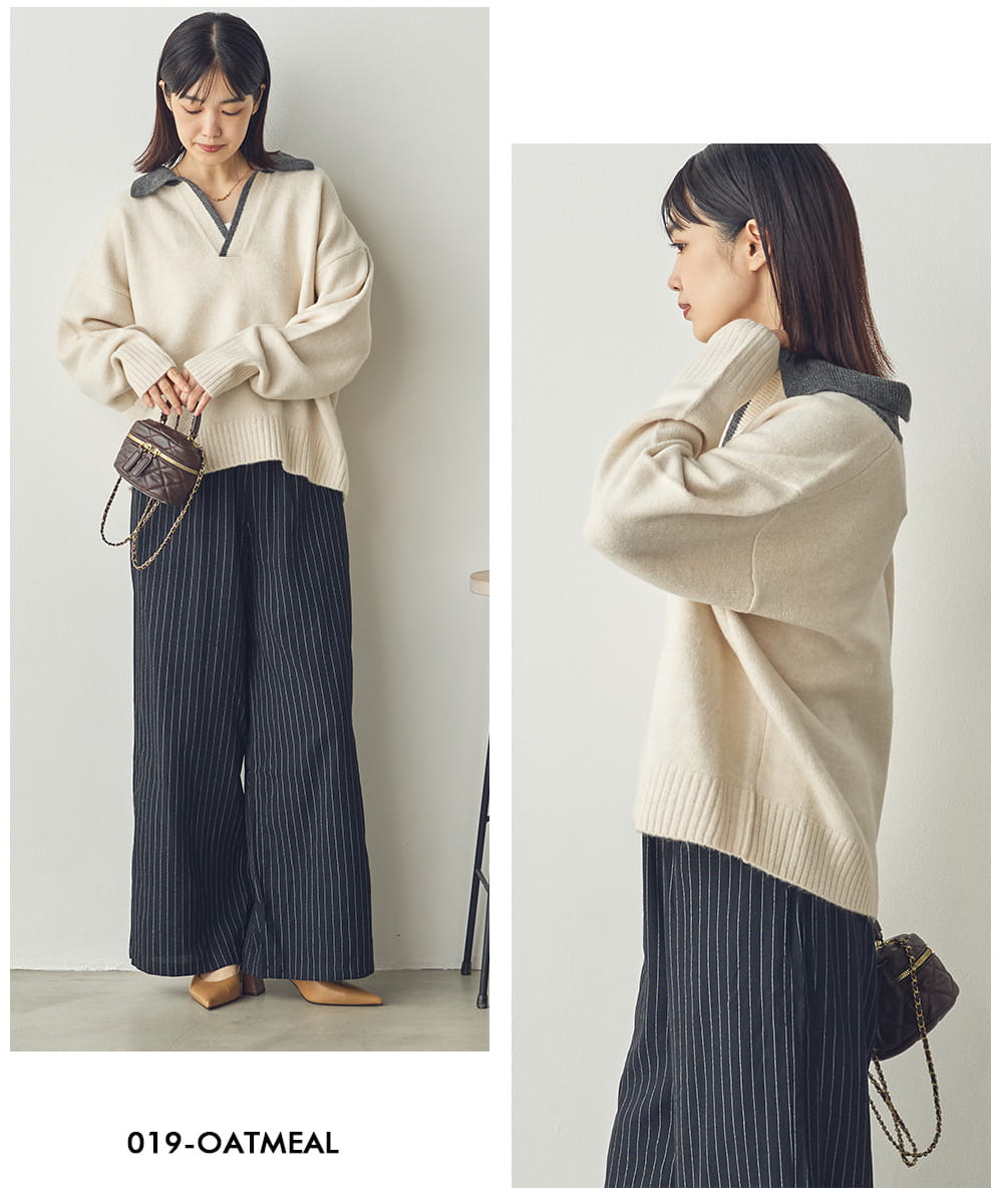 【Saltarse】配色ポロ襟スキッパーニットトップス[DB-26209]