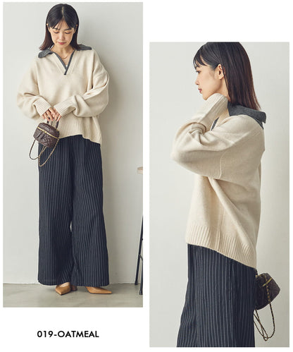 【Saltarse】配色ポロ襟スキッパーニットトップス[DB-26209]