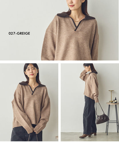 【Saltarse】配色ポロ襟スキッパーニットトップス[DB-26209]