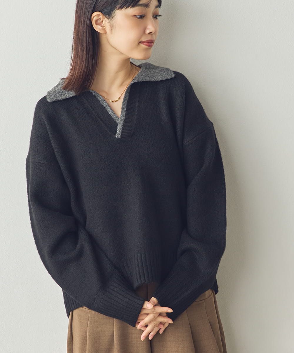 【Saltarse】配色ポロ襟スキッパーニットトップス[DB-26209]