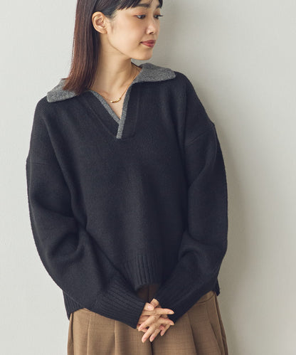 【Saltarse】配色ポロ襟スキッパーニットトップス[DB-26209]