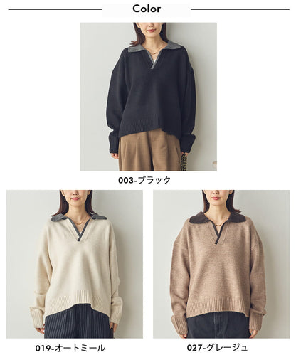 【Saltarse】配色ポロ襟スキッパーニットトップス[DB-26209]