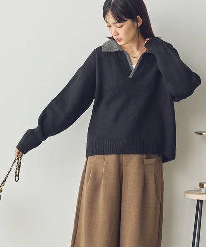 【Saltarse】配色ポロ襟スキッパーニットトップス[DB-26209]