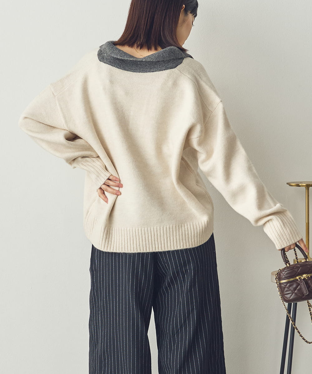 【Saltarse】配色ポロ襟スキッパーニットトップス[DB-26209]