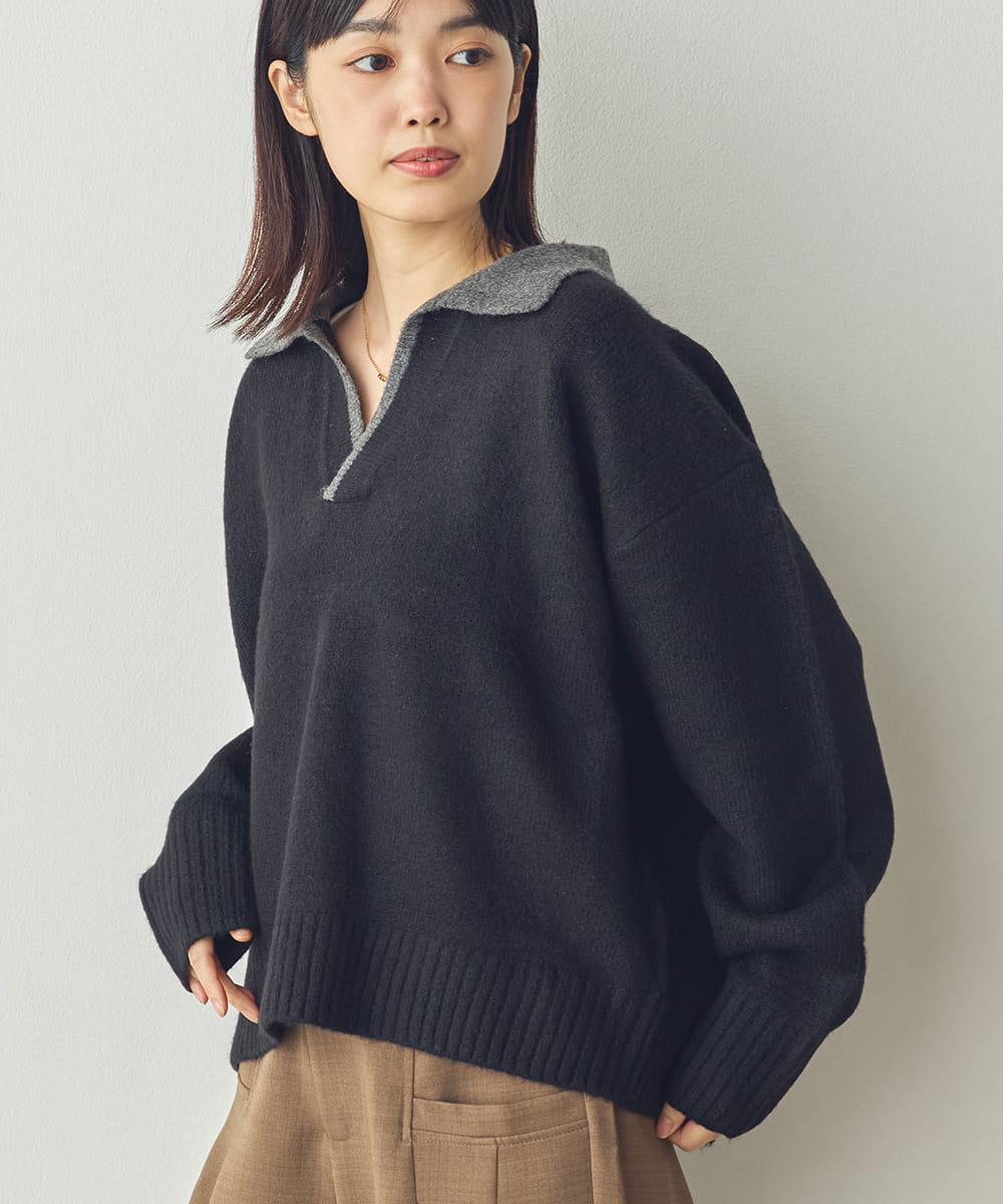 【Saltarse】配色ポロ襟スキッパーニットトップス[DB-26209]