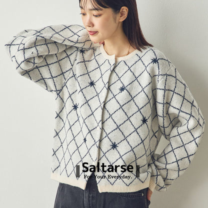 【Saltarse】刺繍ダイアチェックニットカーディガン[Z-80002]