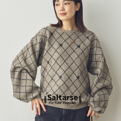 【Saltarse】刺繍ダイアチェックニットプルオーバー[Z-80003]